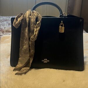 Coach Black Leather Satchel with Signature Scarf